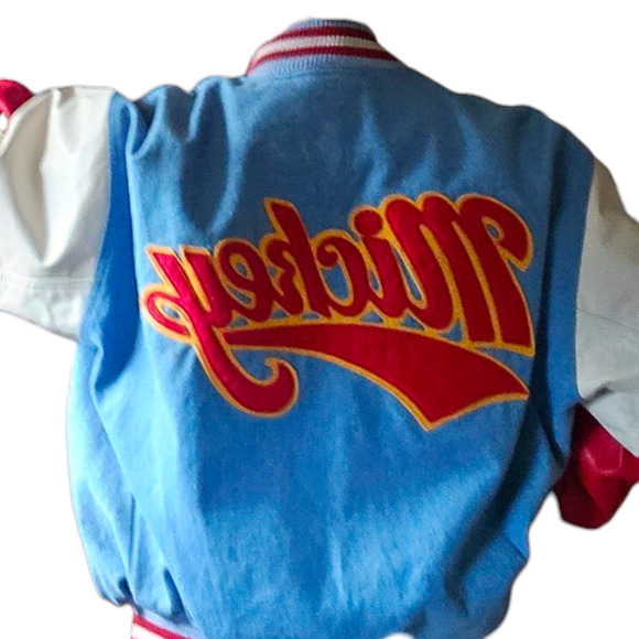 Vintage Mickey Mouse Varsity Blue Red White Denim Leather Jacket Size Small - Picture 2 of 10